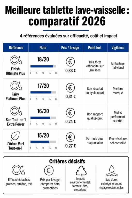 Infographie sur la meilleure tablette lave vaisselle avec comparatif de notes, prix par lavage et critères de choix