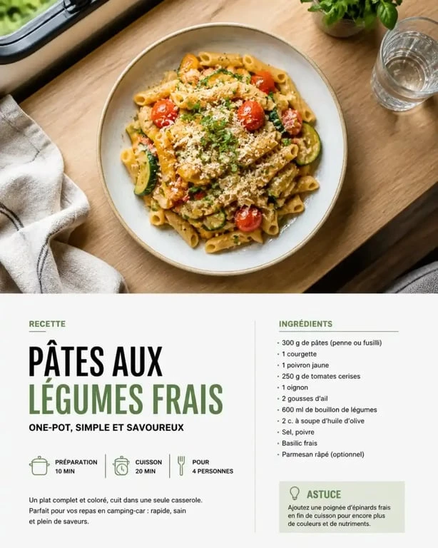 Idée de repas simple et rapide en camping-car : plat de pâtes one-pot sain et savoureux.