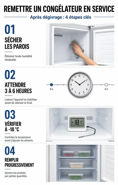Infographie des étapes pour remplir un congélateur après dégivrage en toute sécurité