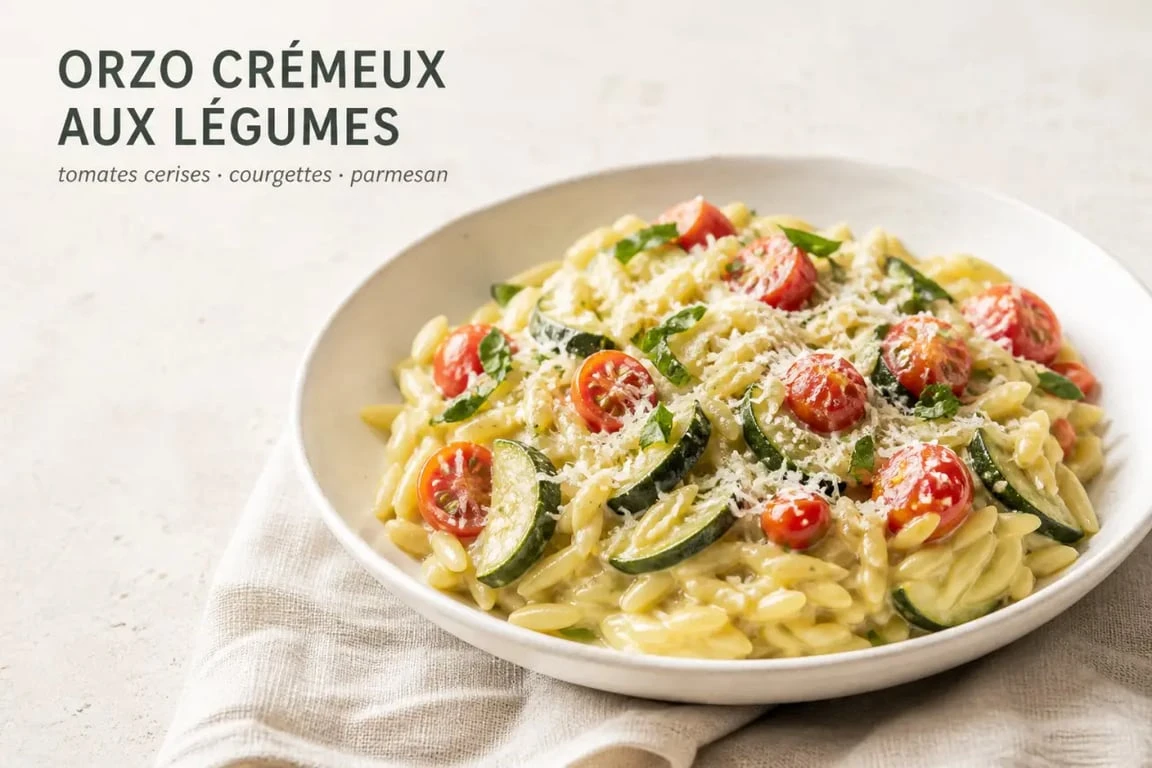 Recette orzo crémeuse aux légumes servie dans une assiette élégante