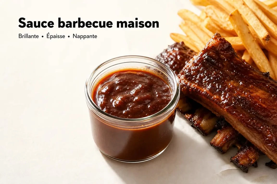 Sauce barbecue recette maison nappante dans un bocal avec ribs et frites