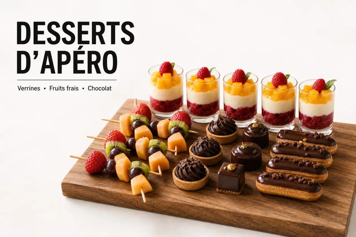 Assortiment de desserts pour un apéro dînatoire : verrines, brochettes de fruits et mignardises sur un plateau.