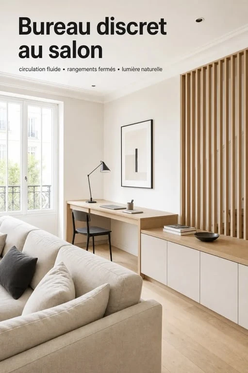 Coin bureau salon discret et élégant dans un intérieur lumineux