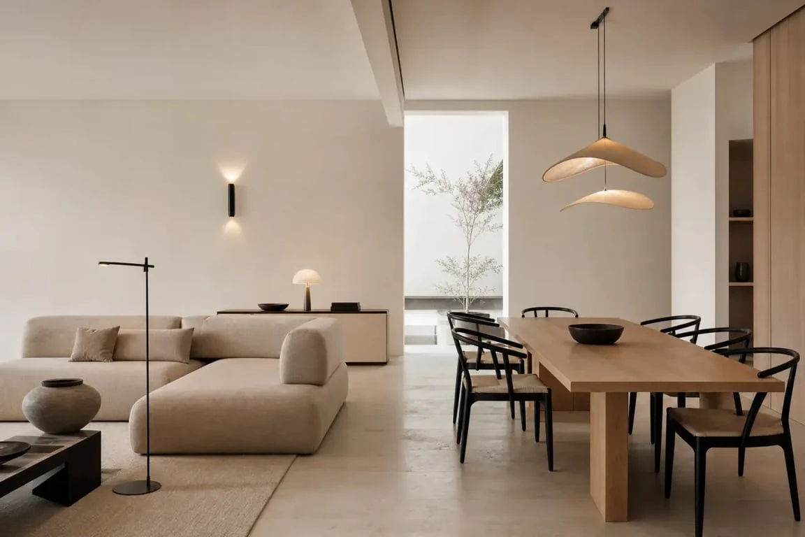Luminaire design dans un salon contemporain avec suspension, lampadaire et applique murale