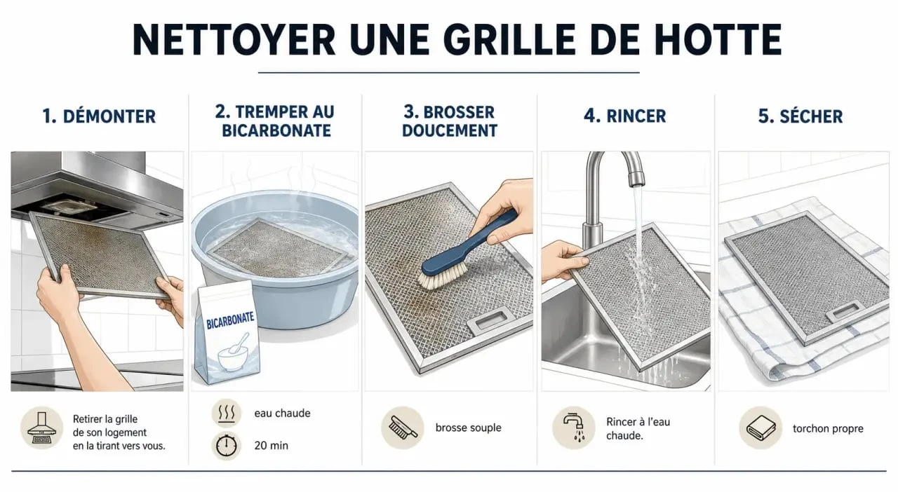 Nettoyage grille hotte : étapes pour dégraisser un filtre métallique de hotte de cuisine