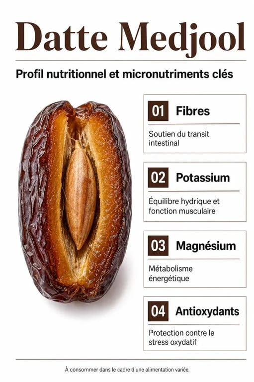 Infographie des bienfaits santé et apports nutritionnels des dattes Medjool