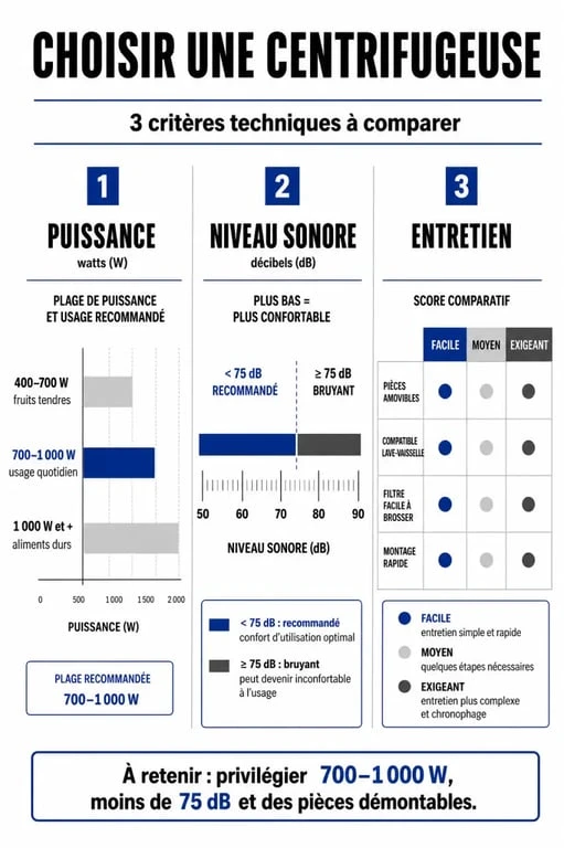 Infographie comparative des critères techniques pour choisir la meilleure centrifugeuse