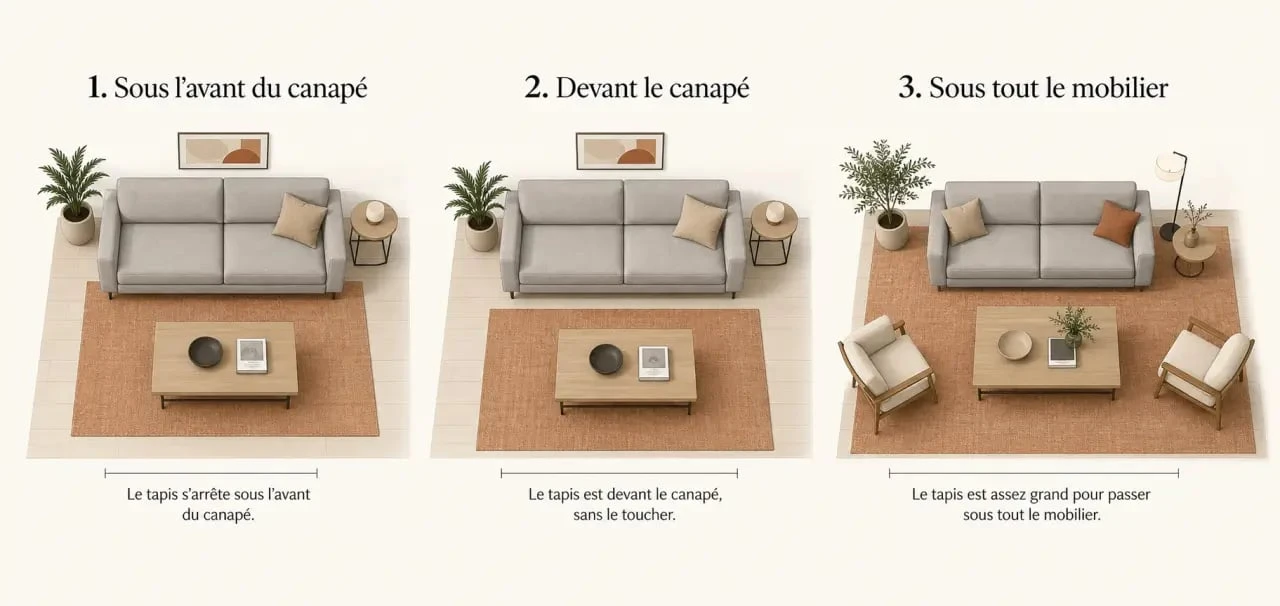 Tapis dans salon : trois placements possibles par rapport au canapé et à la table basse
