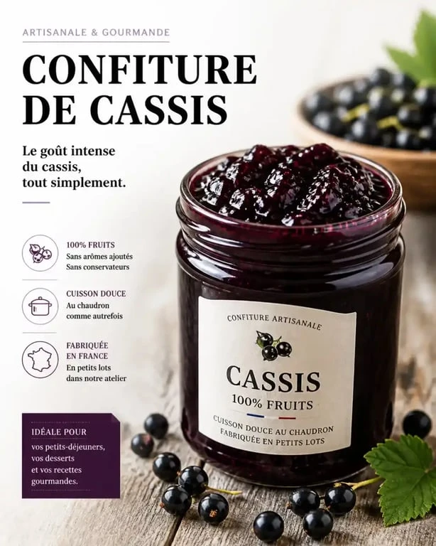 Pot de confiture de cassis maison artisanale sur une table en bois avec des baies fraîches