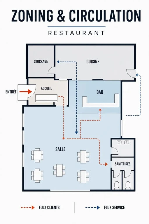 Aménager un restaurant : schéma conceptuel du zoning, de la circulation client et du service
