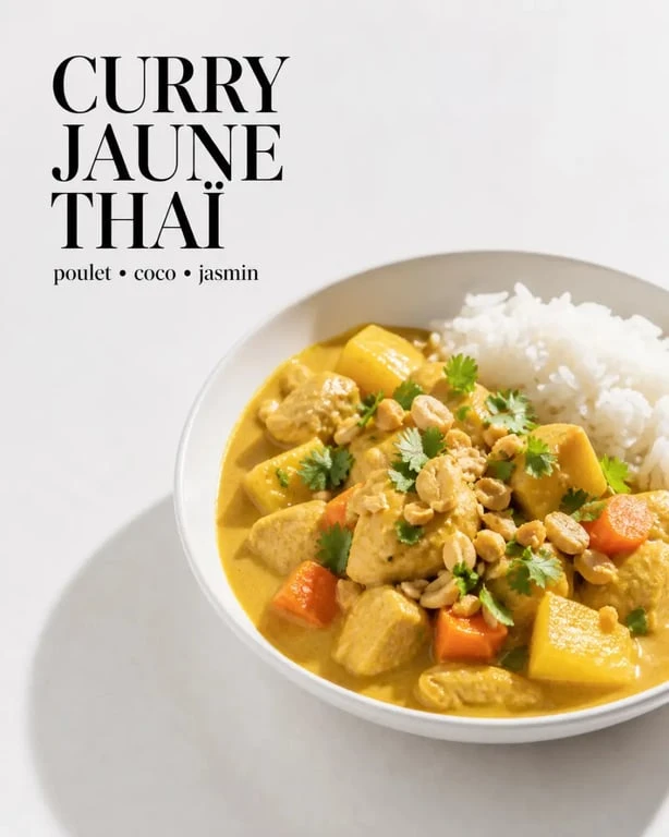 Recette curry jaune recette : curry jaune thaïlandais au poulet, lait de coco et pommes de terre servi avec du riz