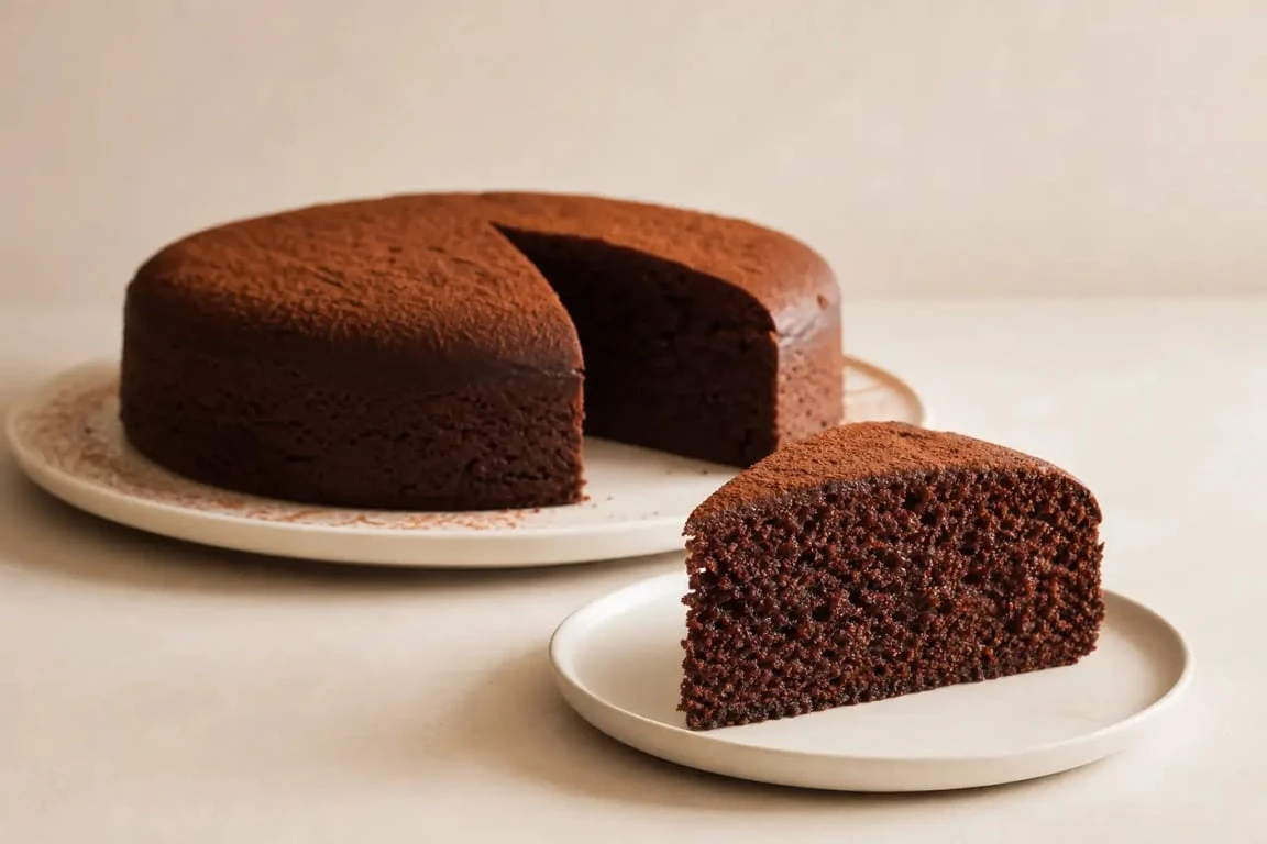 Recette gateau cacao moelleux et appétissant présenté sur une assiette, avec une part coupée pour montrer la mie
