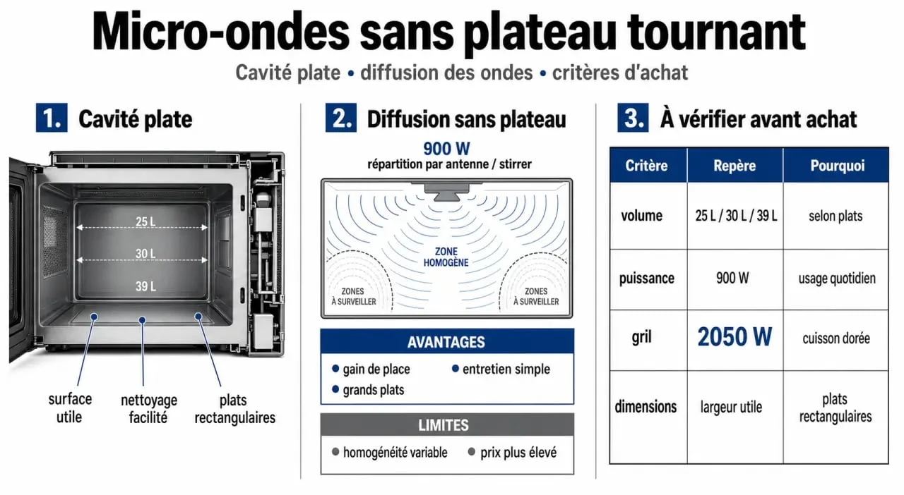 Micro-ondes sans plateau tournant avis : infographie comparative sur les avantages, limites et critères de choix