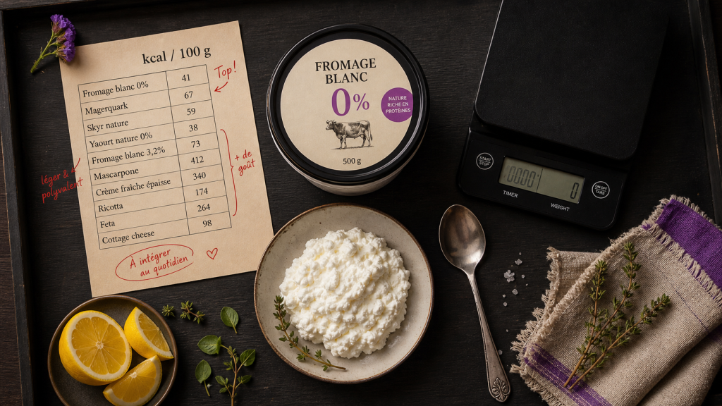 Fromage le moins calorique : fromage blanc 0% et repère kcal/100 g
