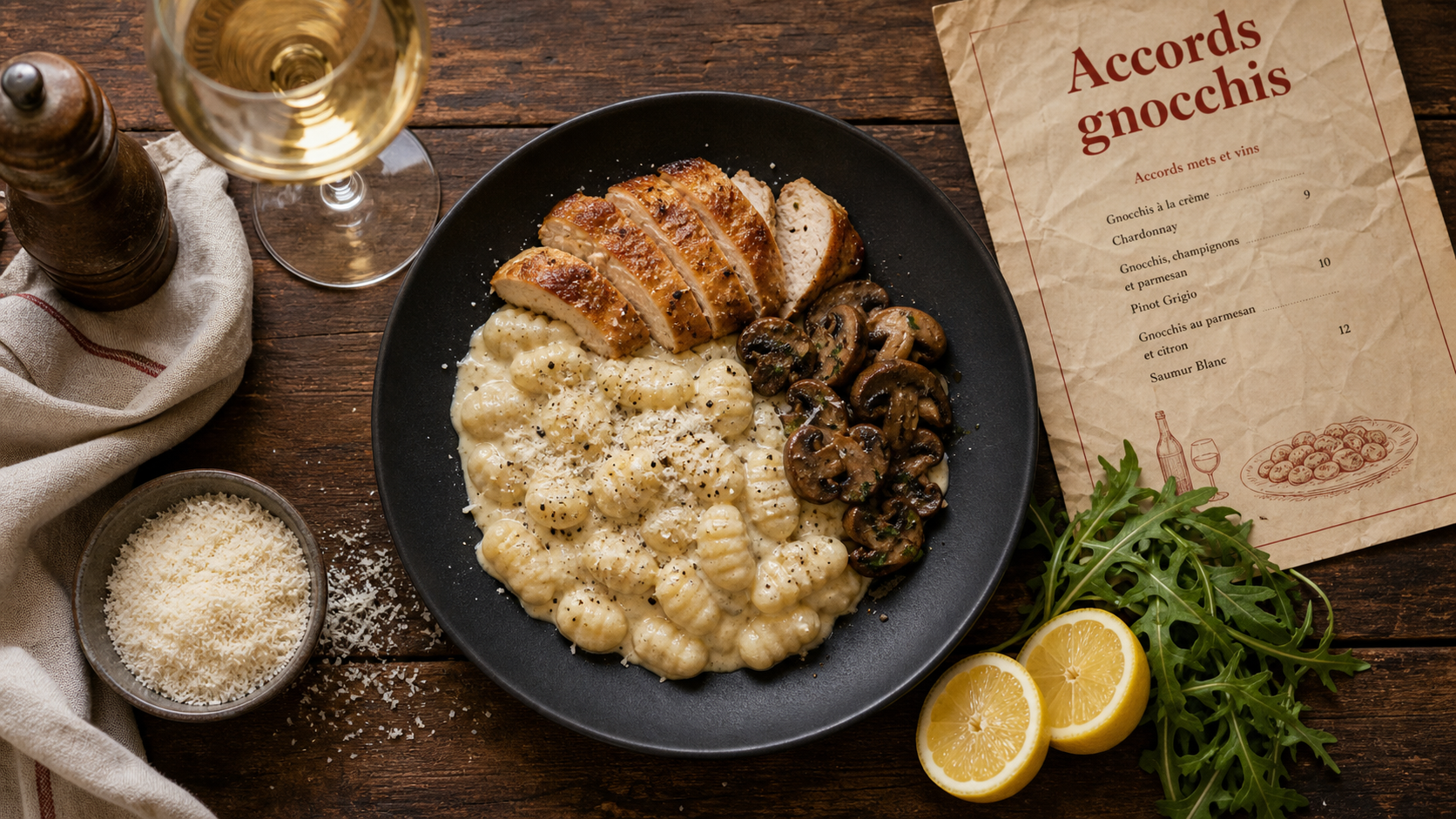 Gnocchi et accompagnement : sauce crémeuse, poulet et champignons