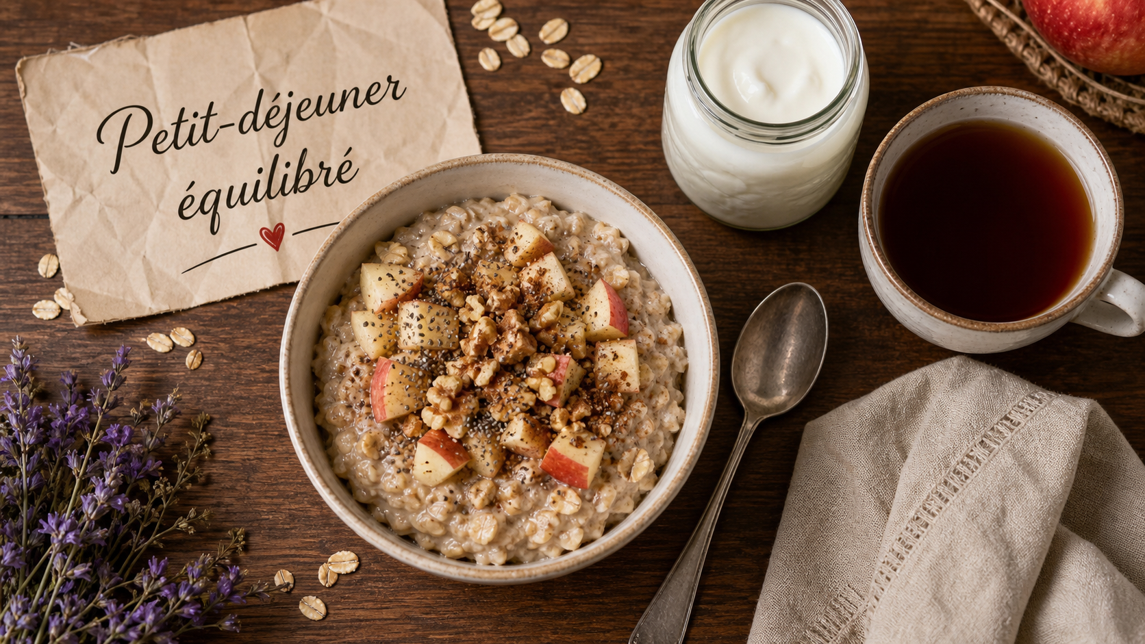 Idées de petit-déjeuner équilibré : porridge pomme-cannelle avec avoine, chia et noix