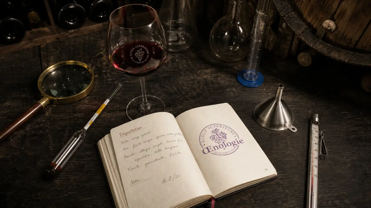 L oenologie : loupe et densimètre dans une cave avec vin rouge