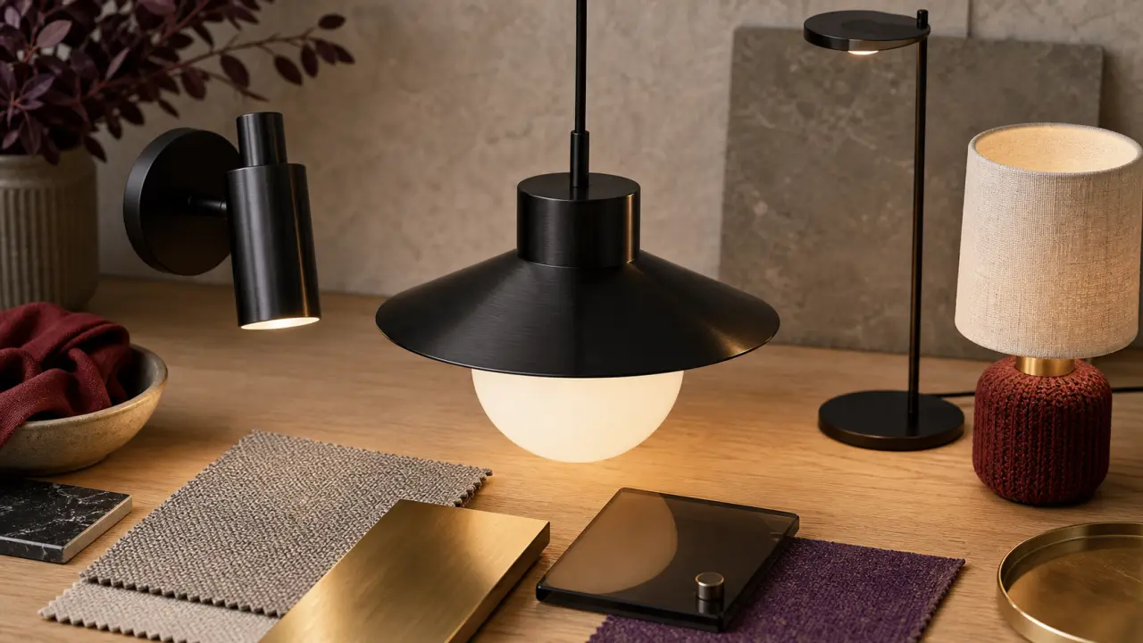 Luminaire design : suspension noire et applique, verre opalin