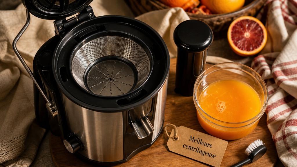 Meilleure centrifugeuse inox, jus d’orange et tamis fin visible