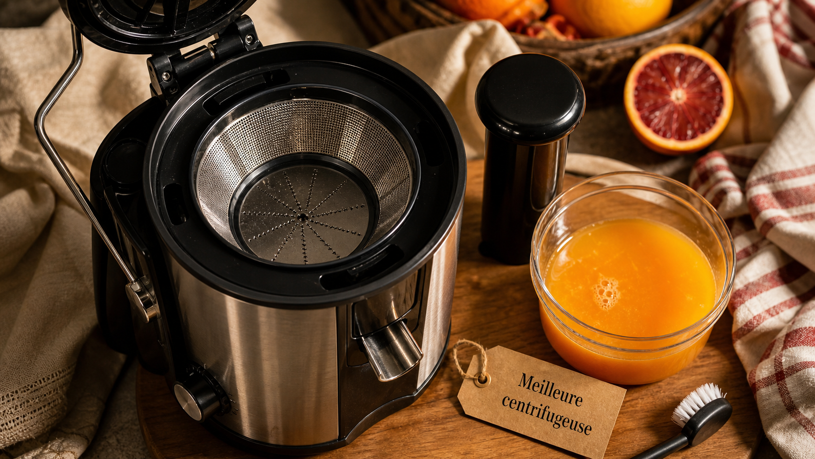 Meilleure centrifugeuse inox, jus d’orange et tamis fin visible