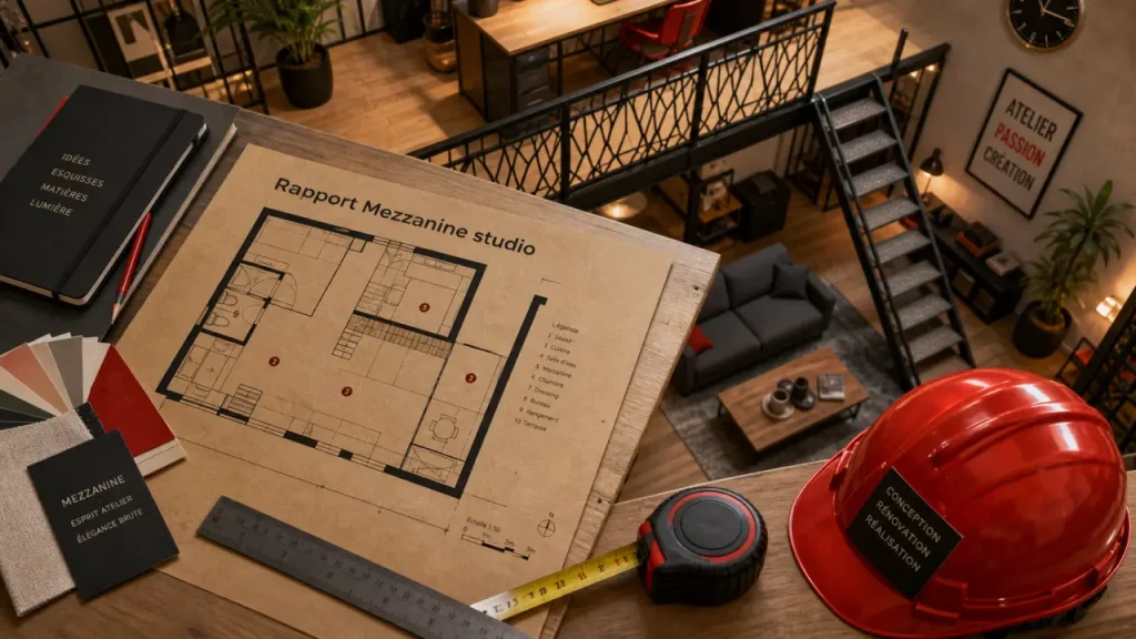 Mezzanine pour studio avec garde-corps ajouré en bois clair