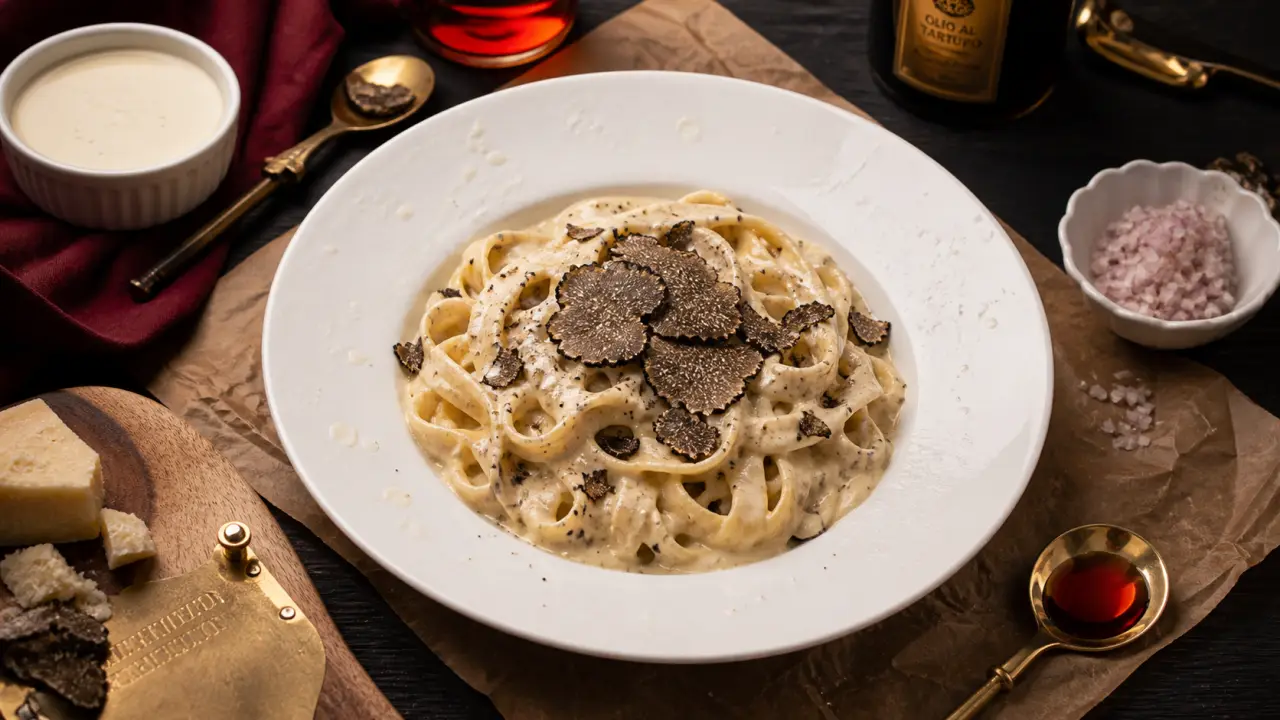 Assiette de tagliatelles crémeuses à la truffe noire, dressage soigné sur fond sombre
