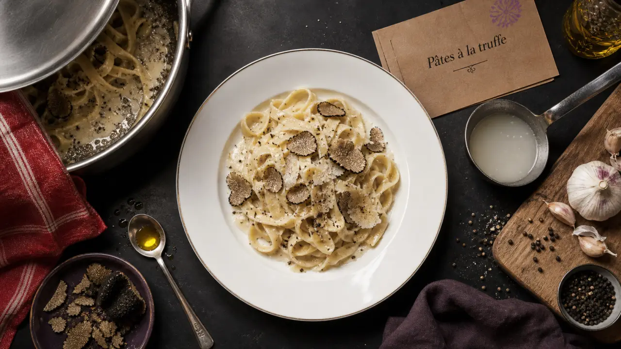Pate a la truffe : tagliatelles à la crème et eau de cuisson}}}