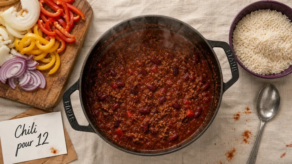 Plat unique pour 12 personnes : chili con carne en cocotte fumante