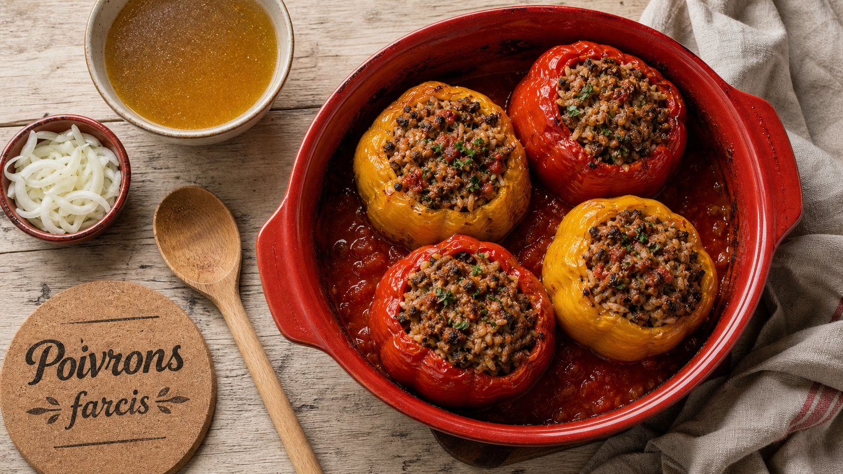 Poivrons farcis au four viande hachee, bouillon moelleux