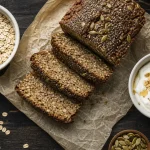 Recette pain flocon d’avoine sans farine : pain sans farine tranché, vue dessus