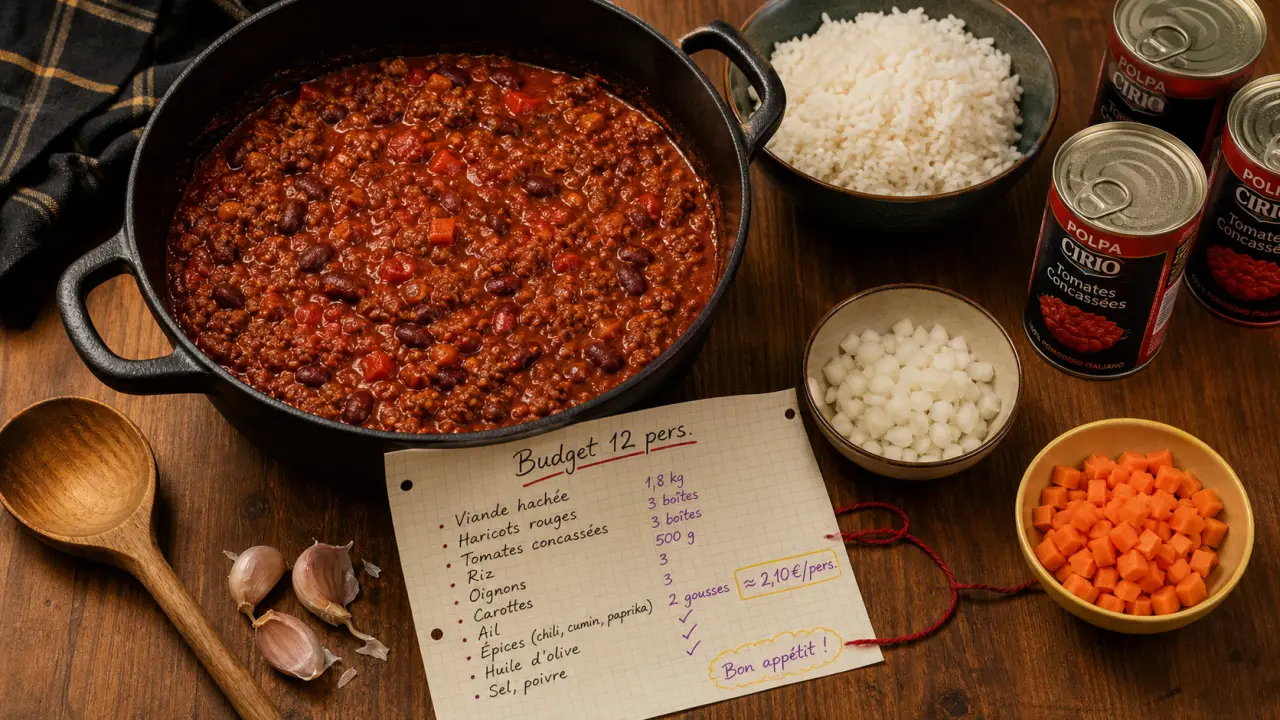 Repas pas cher pour 12 personnes : chili rouge, cocotte et riz
