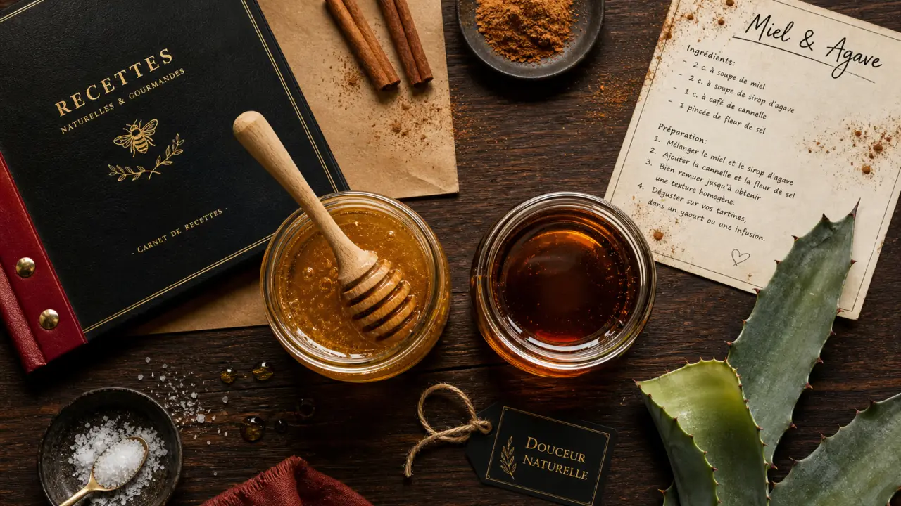 Sirop d agave ou miel, deux pots de miel et sirop d’agave pour recettes et santé