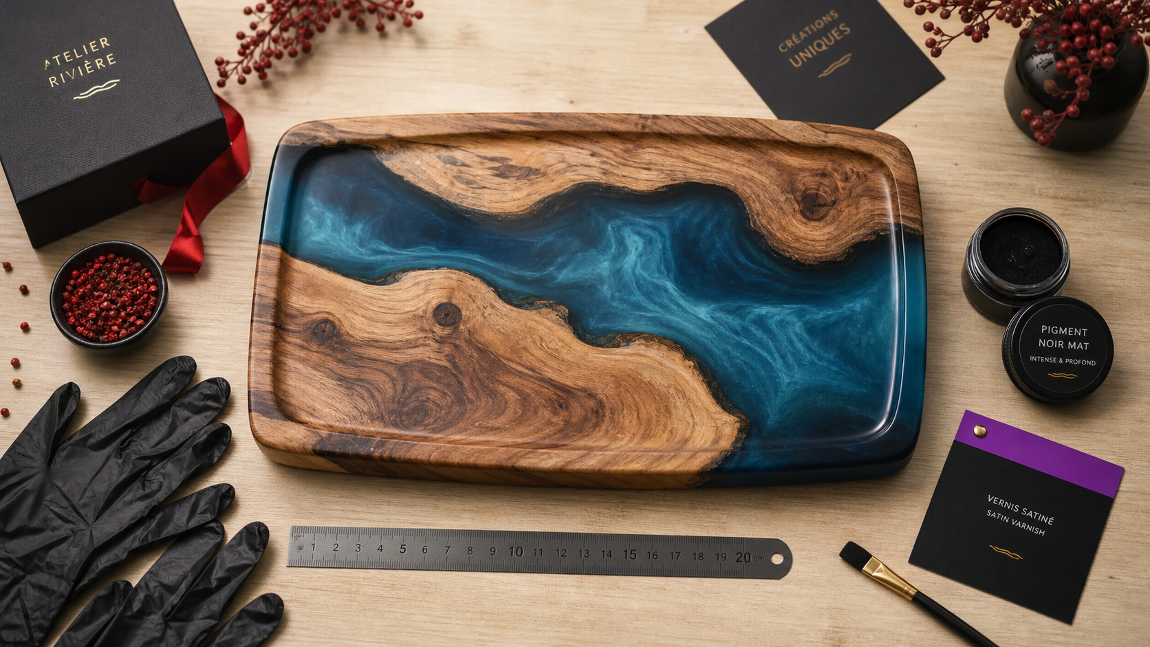 Table en resine epoxy sur bois, couleur bleue, vue de dessus