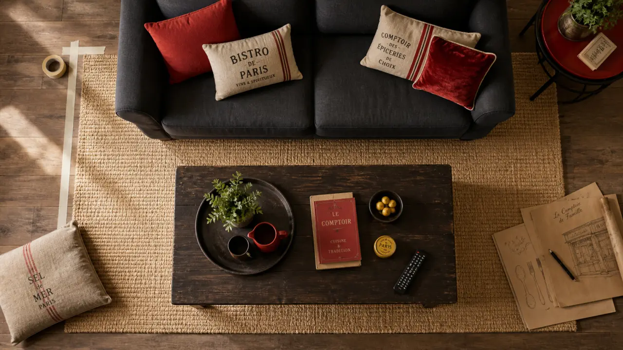 Tapis dans salon : 30 cm de débord, placements sous canapé et table basse
