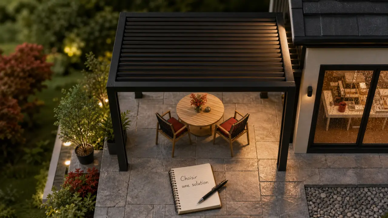 Terrasse couverte maison sous pergola légère, abri ou véranda