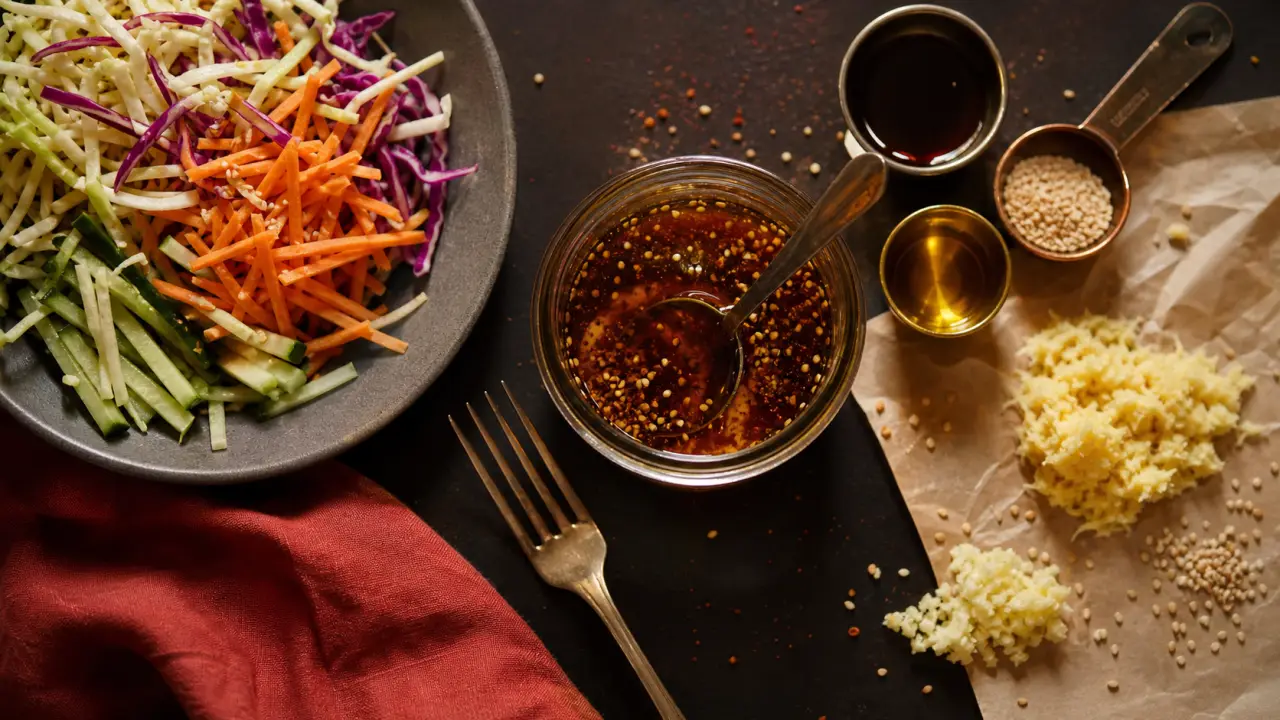 Vinaigrette asiatique au sésame dans un bocal : soja, vinaigre de riz et gingembre