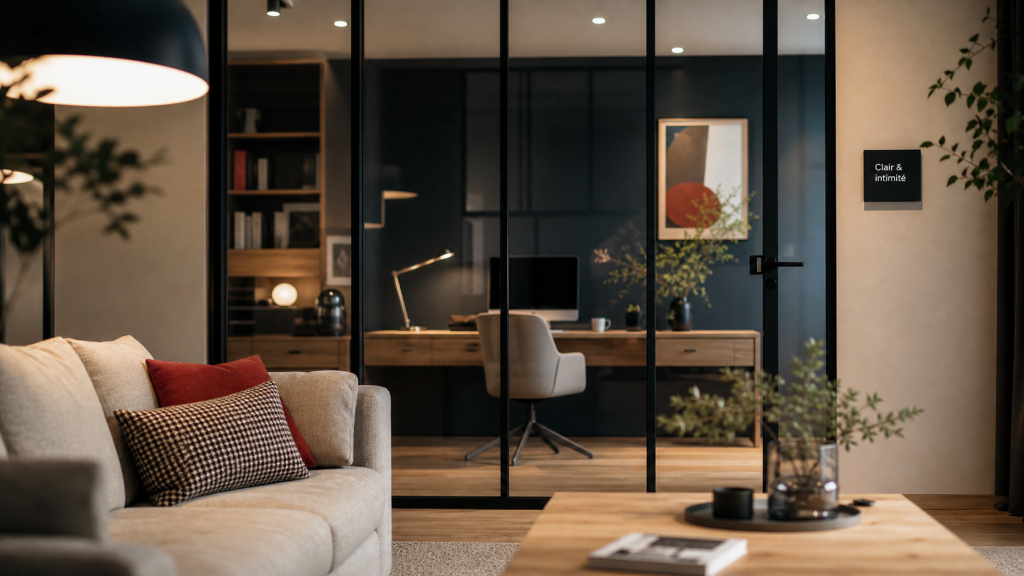 Vitre pour cloison interieure : salon lumineux séparé par verre