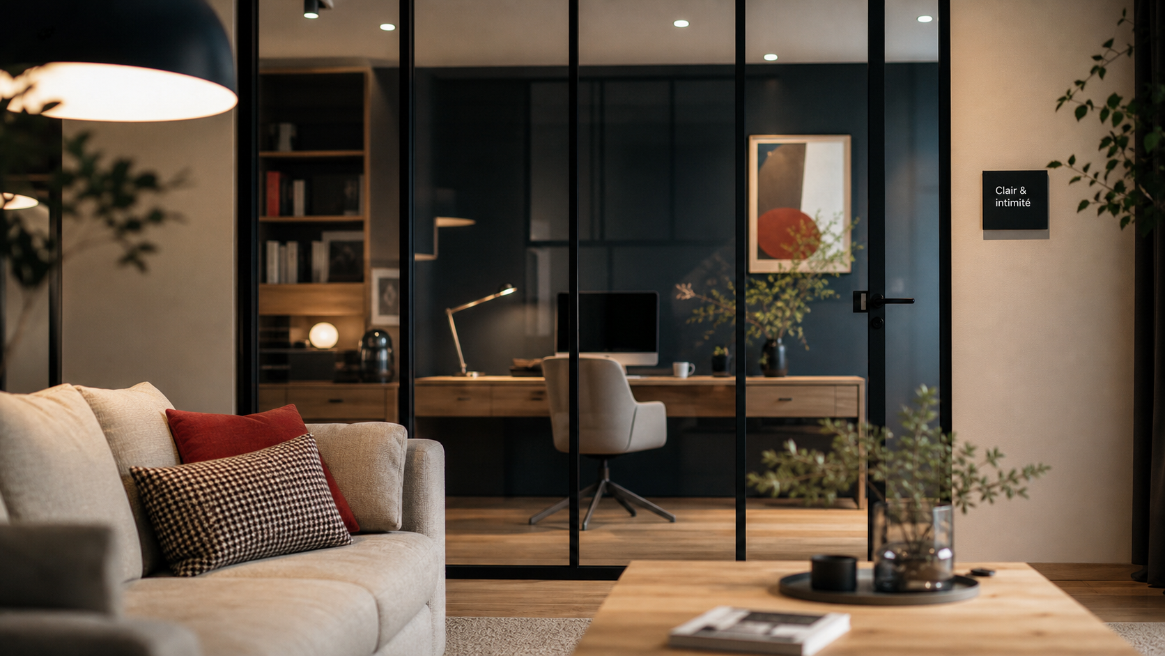 Vitre pour cloison interieure : salon lumineux séparé par verre