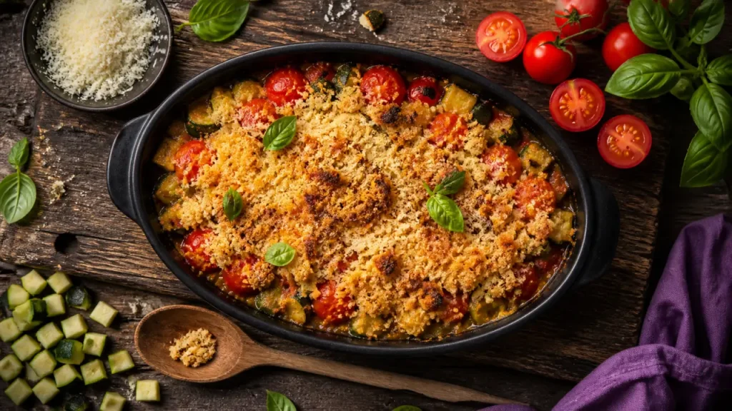 Crumble tomate courgette : 200°C, parmesan et l’astuce anti-jus pour un dessus croustillant
