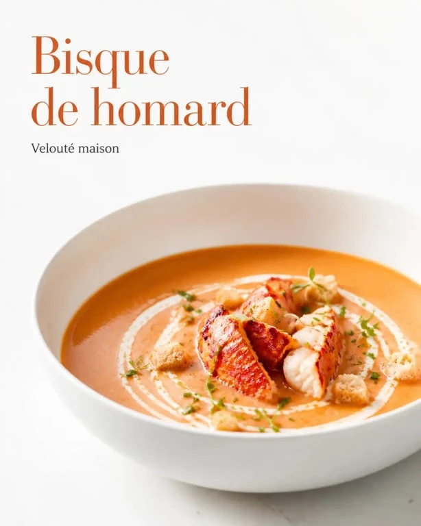 Recettes bisque de homard maison servie en bol blanc, veloutée et garnie de chair de crustacé