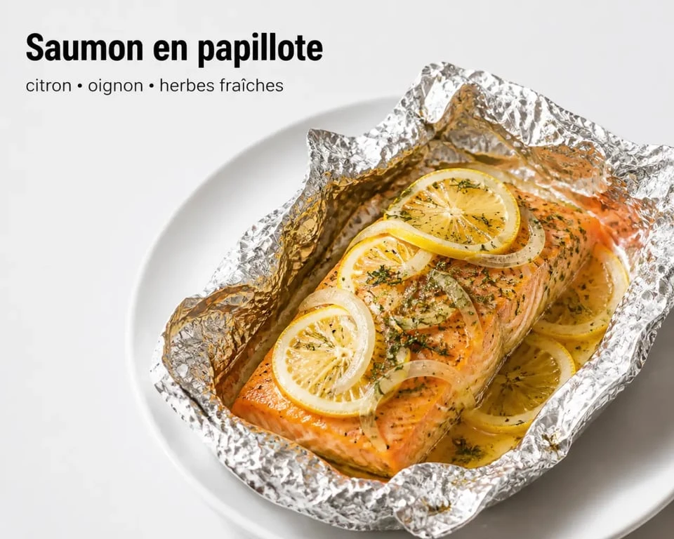 Saumon #papillote four aluminium dans une papillote ouverte au four, avec citron et herbes