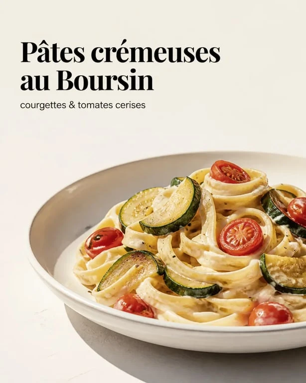boursin recettes cuisine : pâtes crémeuses au Boursin, courgettes et tomates cerises, dressage soigné
