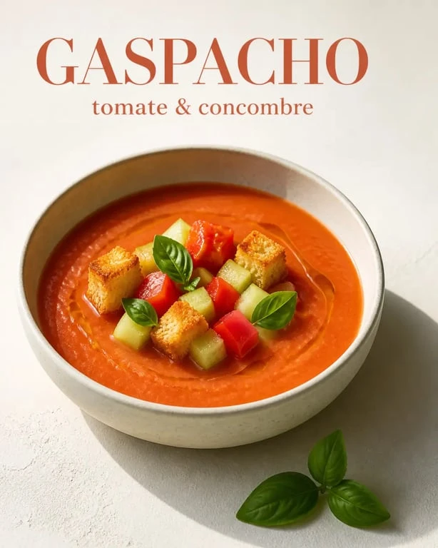 Gaspacho tomate concombre servi très frais dans un bol avec croûtons et basilic