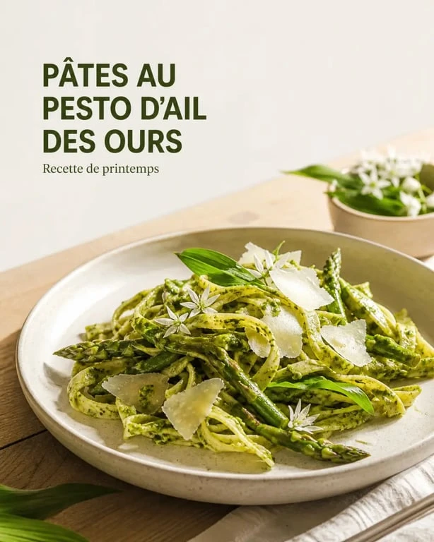 Ail des ours en cuisine : pâtes au pesto d’ail des ours, parmesan et asperges
