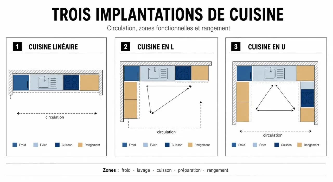Cuisine aménagement : comparaison visuelle des implantations linéaire, en L et en U