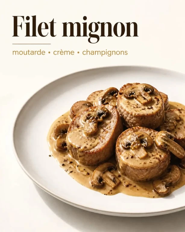 Cuisiner des filets mignons de porc : filet mignon de porc à la moutarde, crème et champignons servi en assiette