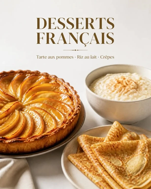 Vieilles recettes de cuisine de grand-mère : desserts traditionnels avec tarte aux pommes, riz au lait et crêpes