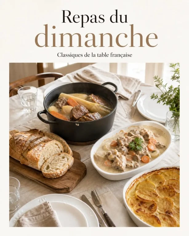 Vieilles recettes de cuisine de grand-mère : table familiale avec pot-au-feu, blanquette de veau et gratin dauphinois