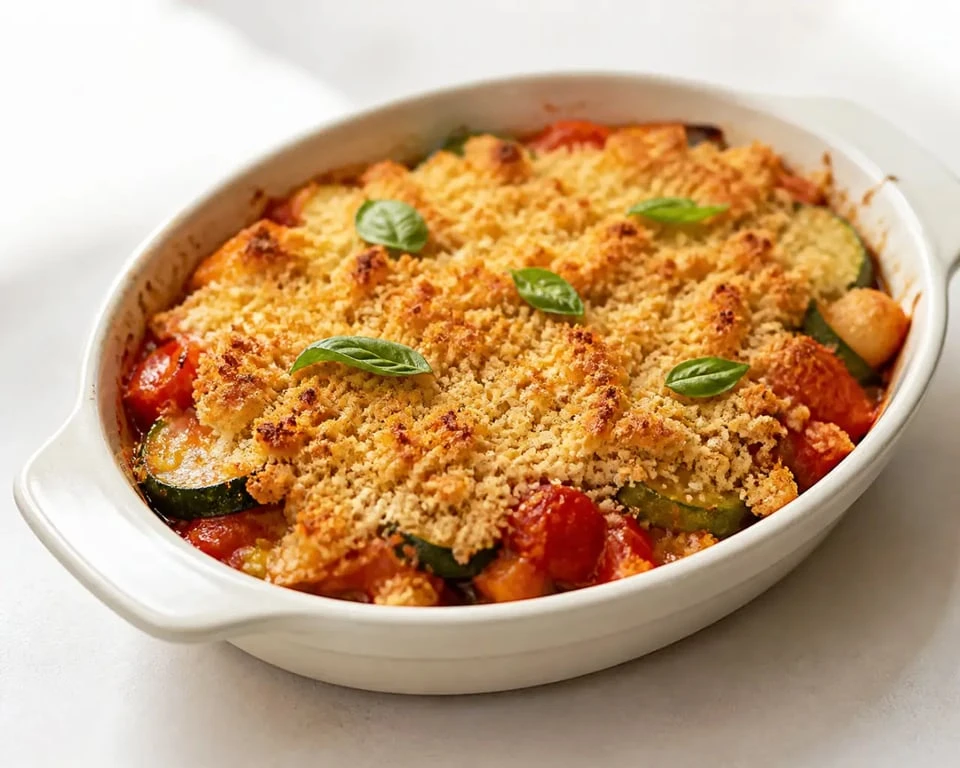 Recette crumble tomate courgette doré et croustillant servi dans un plat à gratin