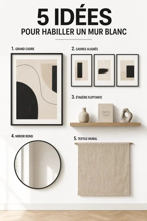 Idées pour décorer un mur blanc avec cadres, miroir et étagère flottante dans un intérieur moderne